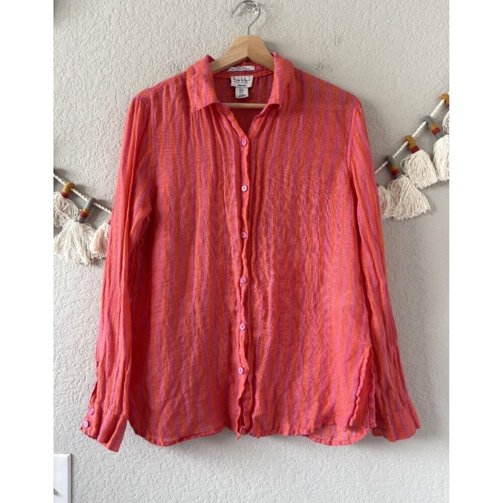 Nicole Miller 100% Linen Pink Orange Striped Button Up Top Beachy Coastal Vacay